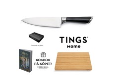 Produktbild TINGS Home kockkniv & skärbräda +  Catarina Königs kokbok Helg med guldkant