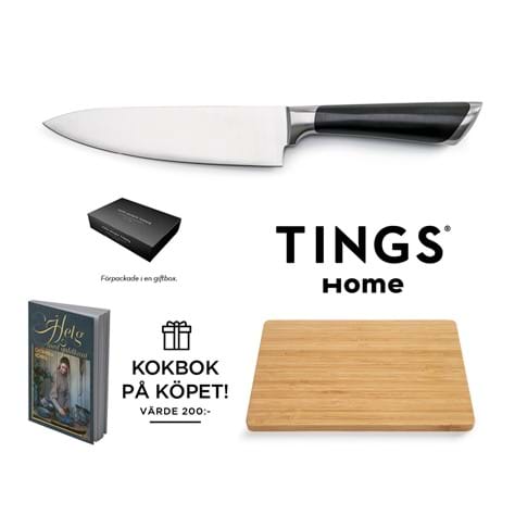 TINGS Home kockkniv & skärbräda +  Catarina Königs kokbok Helg med guldkant