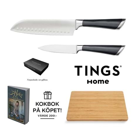 TINGS Home knivset 2-dels & skärbräda +  Catarina Königs kokbok Helg med guldkant